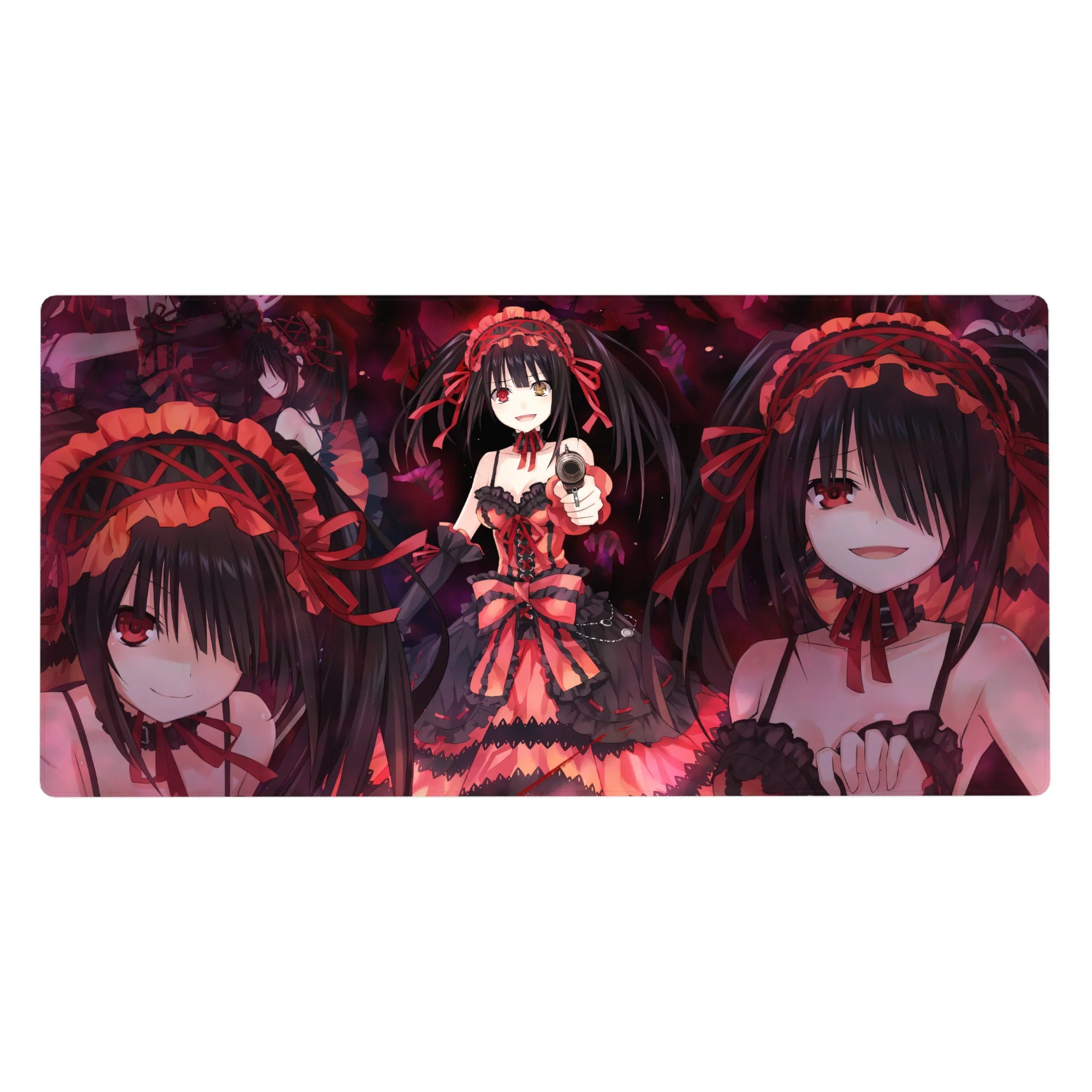 Gothic anime girl desk pad 40x20 inches with twin tails, lace dress, ribbons, and pistol pose.