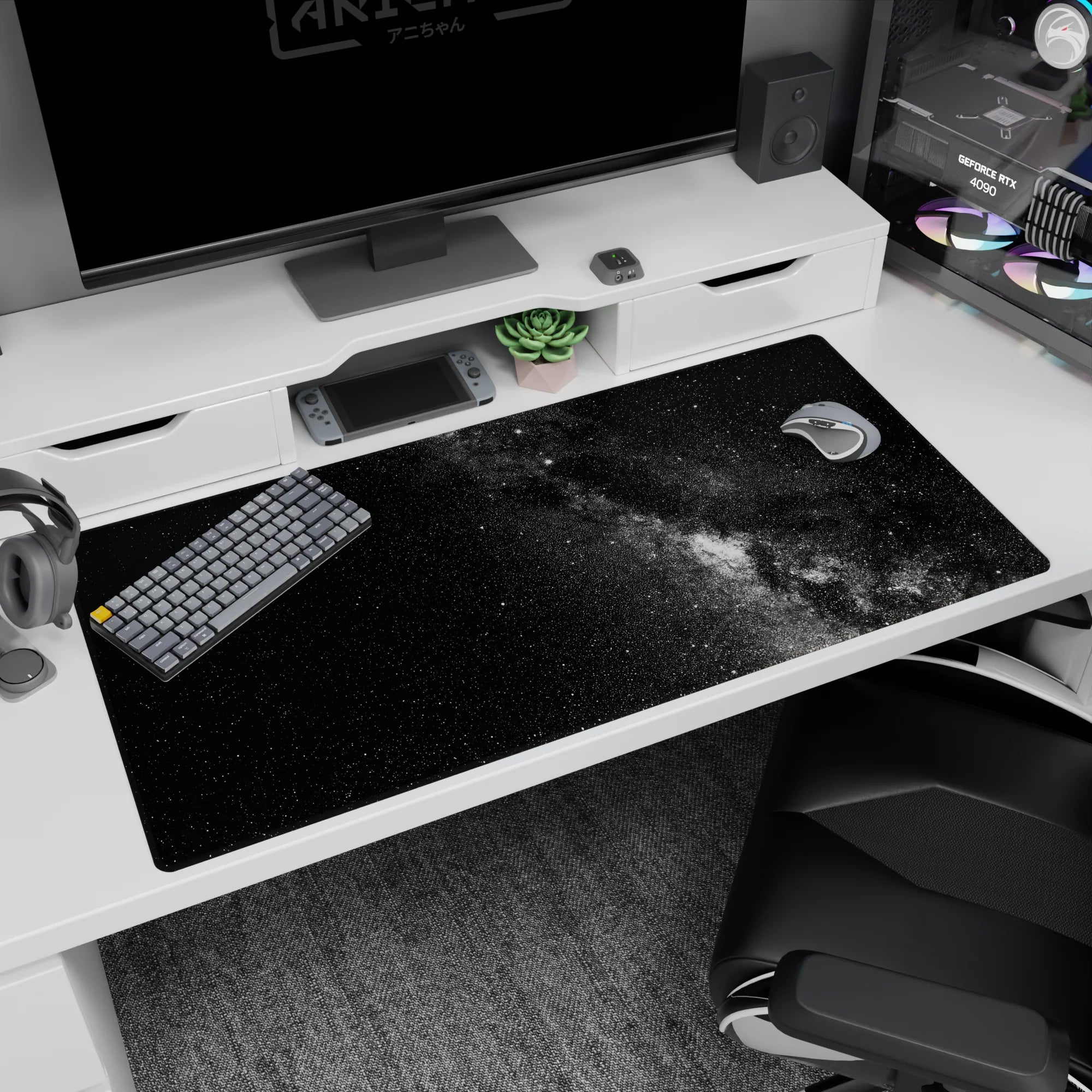 Large 40x20 inch desk pad with deep black and smoky gray cosmic design for a sleek, modern workspace.