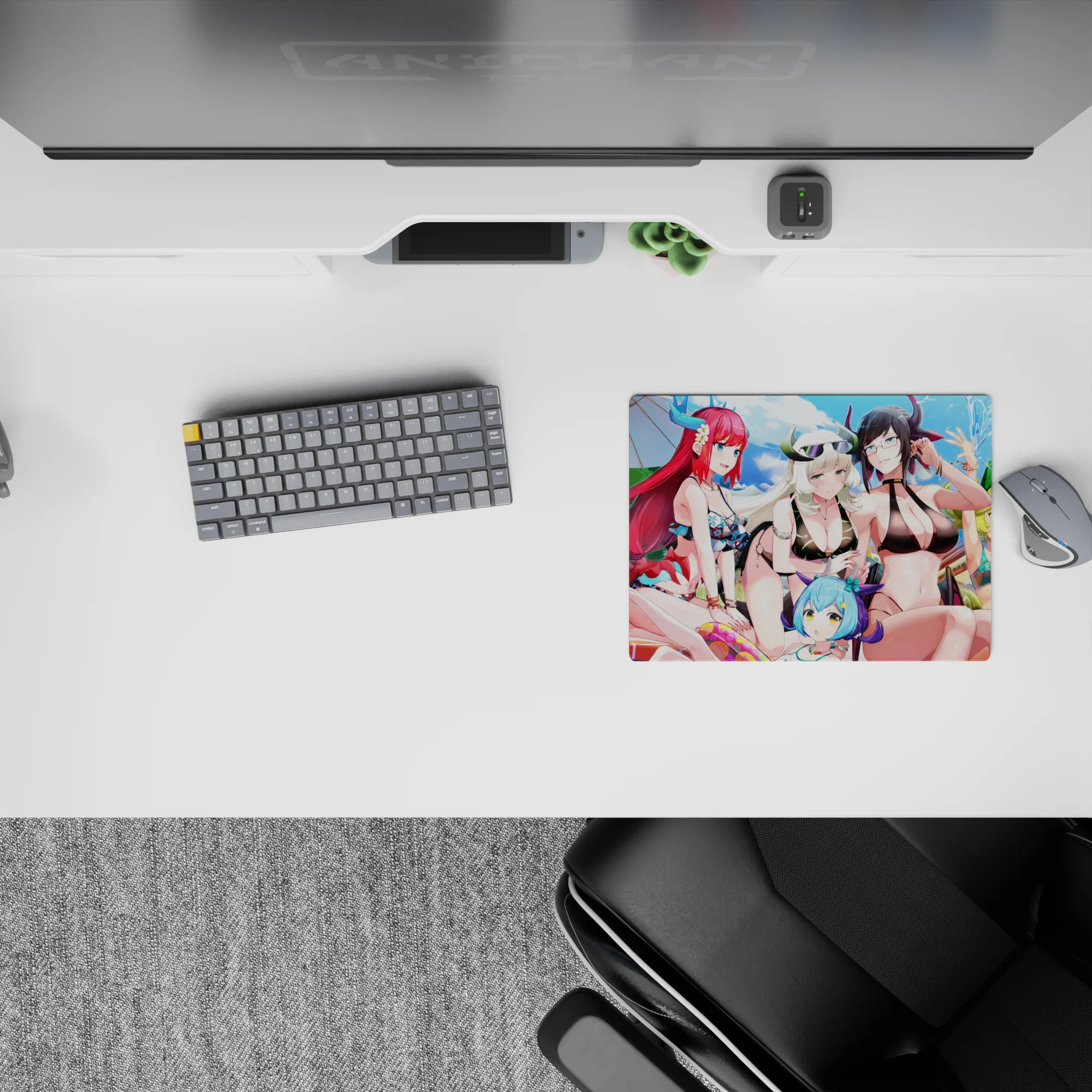 14x10 inches classic anime girl mouse pad in bright blue pool tones with red, white, lime, and pink hair.
