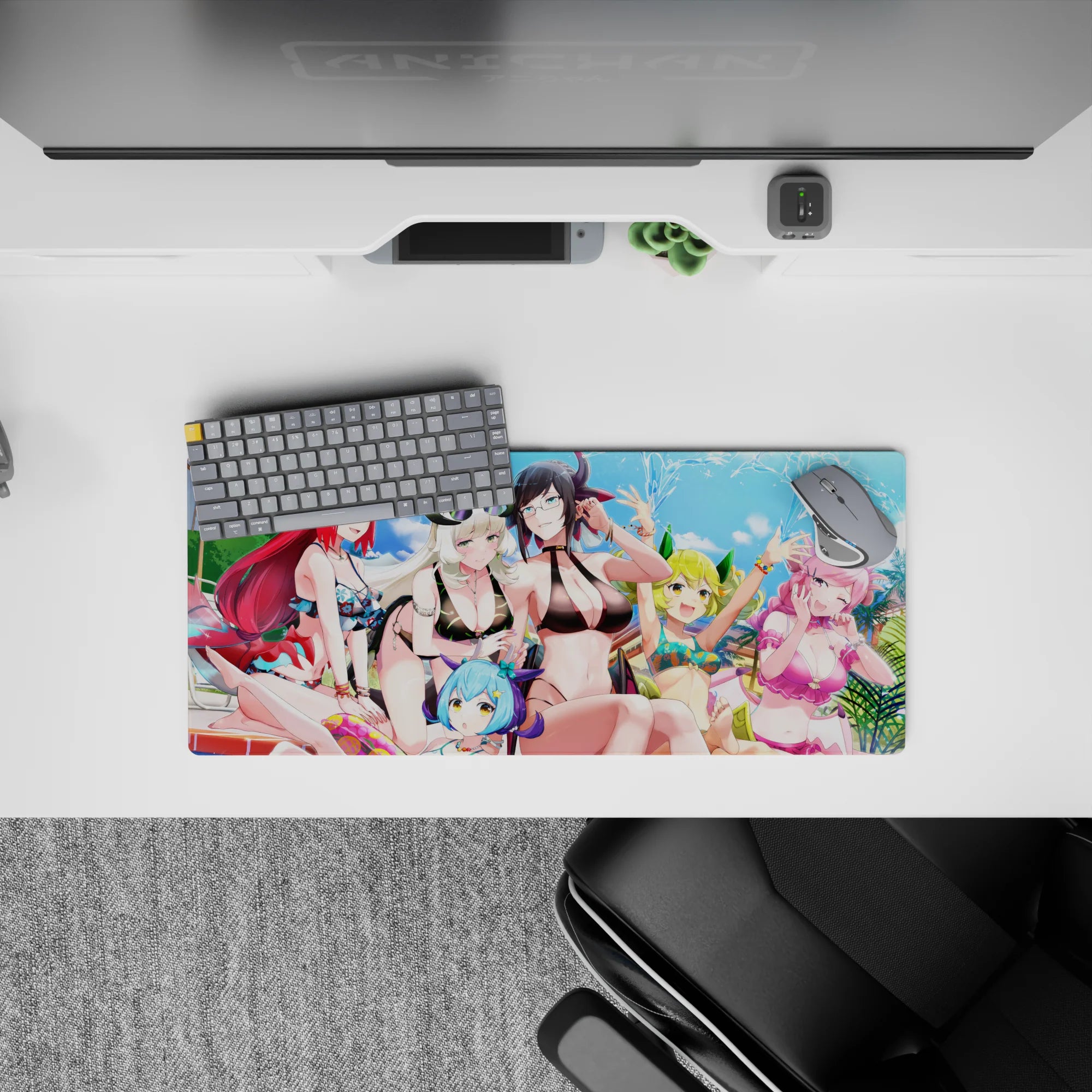 28x12 inches cute summer anime mouse pad in bright blue, black, red, white, lime, and pink tones.