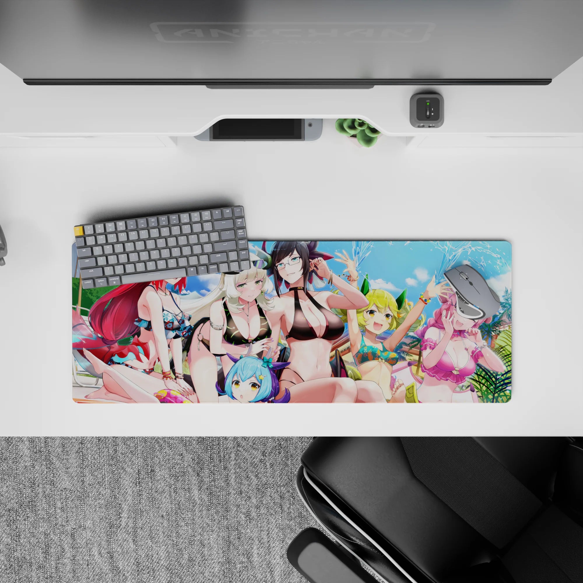 32x12 inches colorful summer pool anime mouse pad, blue sky pop with red, white, lime, and pink hair.