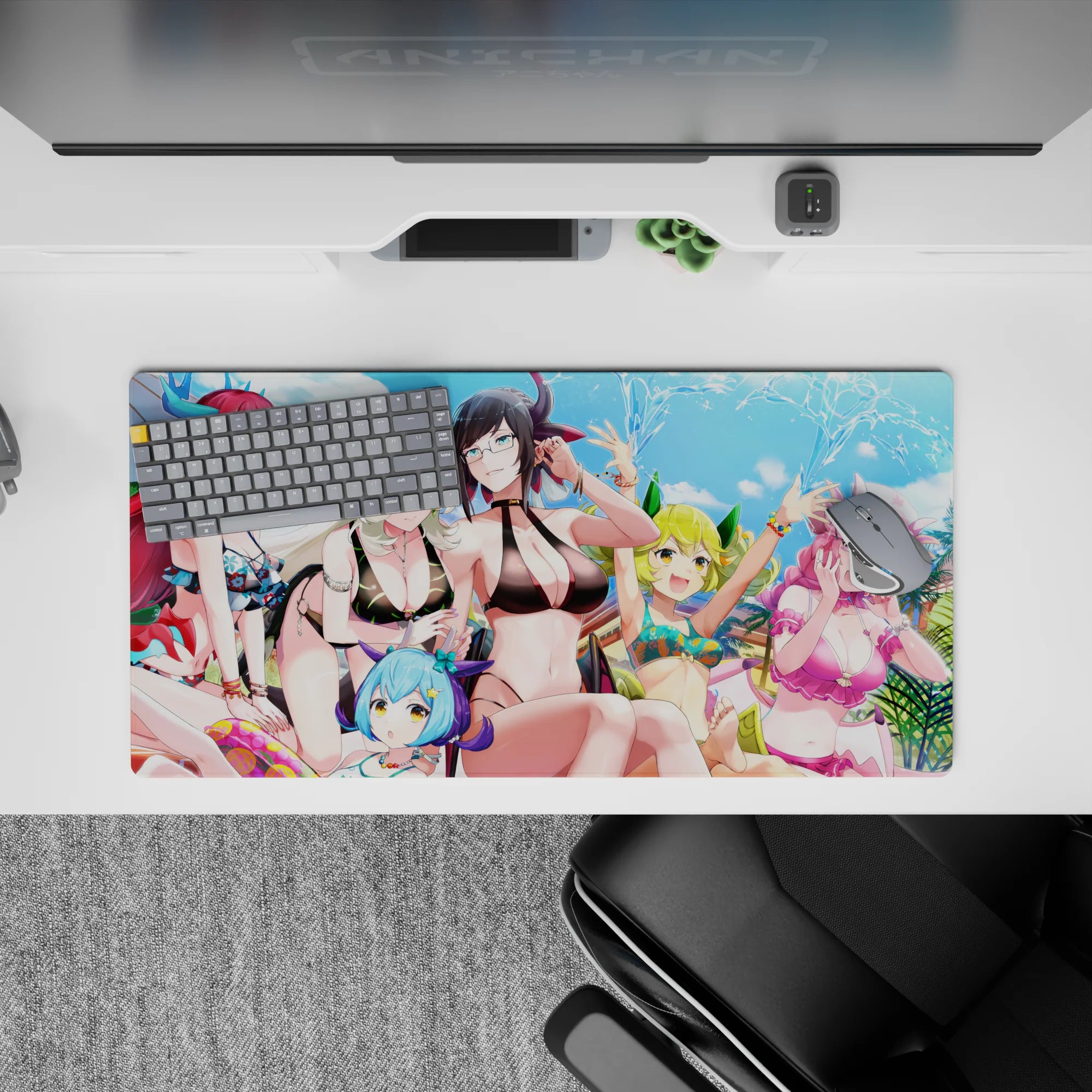 32x16 inches colorful pool party anime mouse pad, blue sky, black bikini, bright red white lime pink hair.
