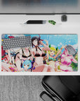 32x16 inches colorful pool party anime mouse pad, blue sky, black bikini, bright red white lime pink hair.