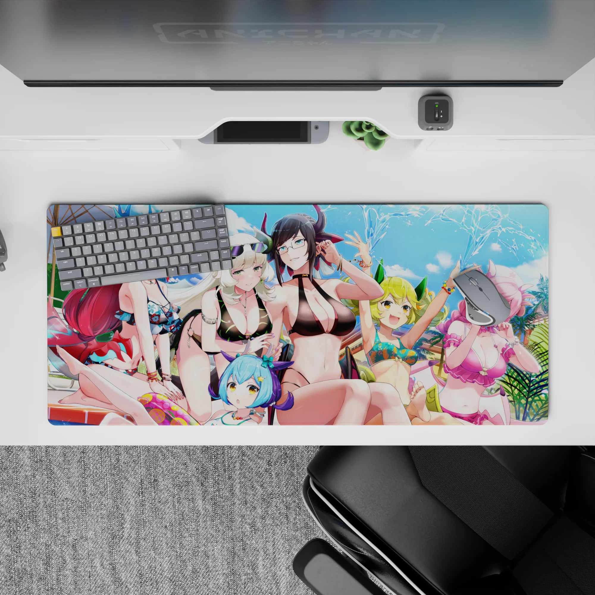 36x16 inches bright pool party anime desk pad in blue, black, red, white, lime, and pink hair tones.