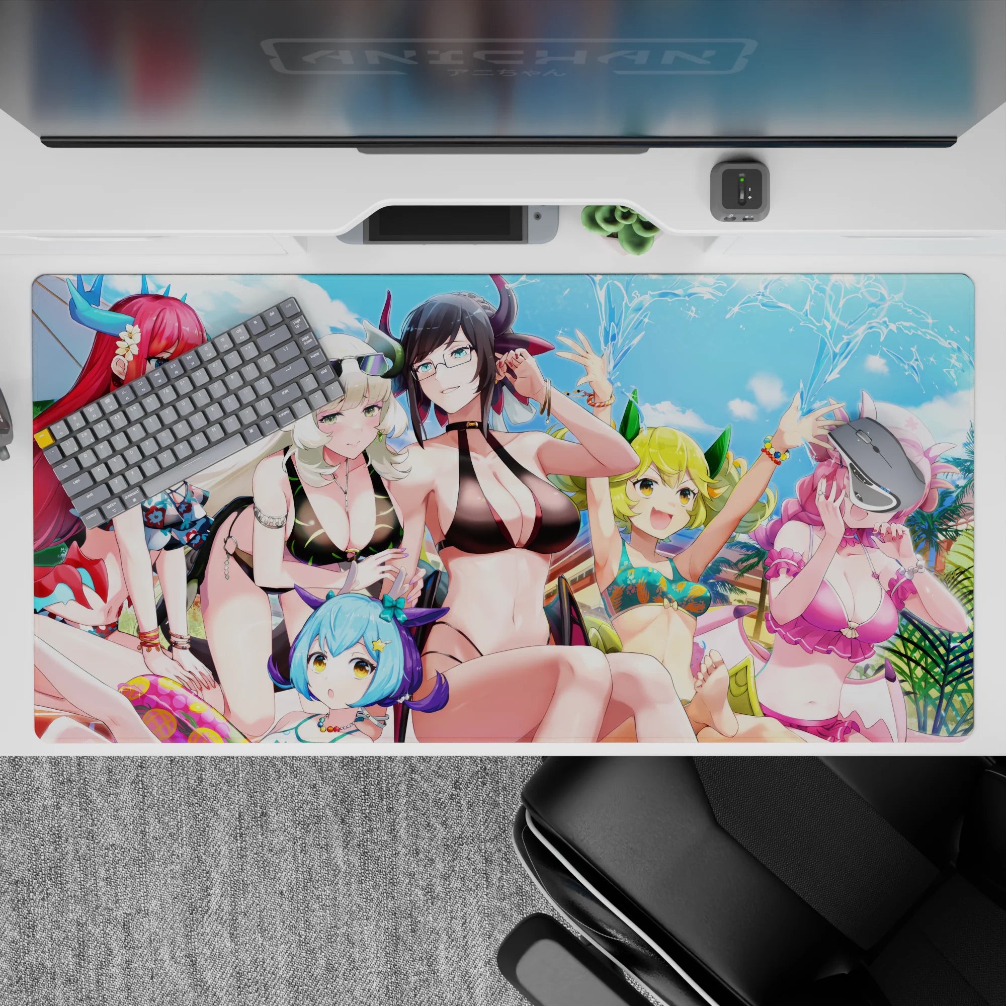 Bright summer anime desk pad 40x20 inches, blue sky vibe with red, white, lime, and pink hair pops.