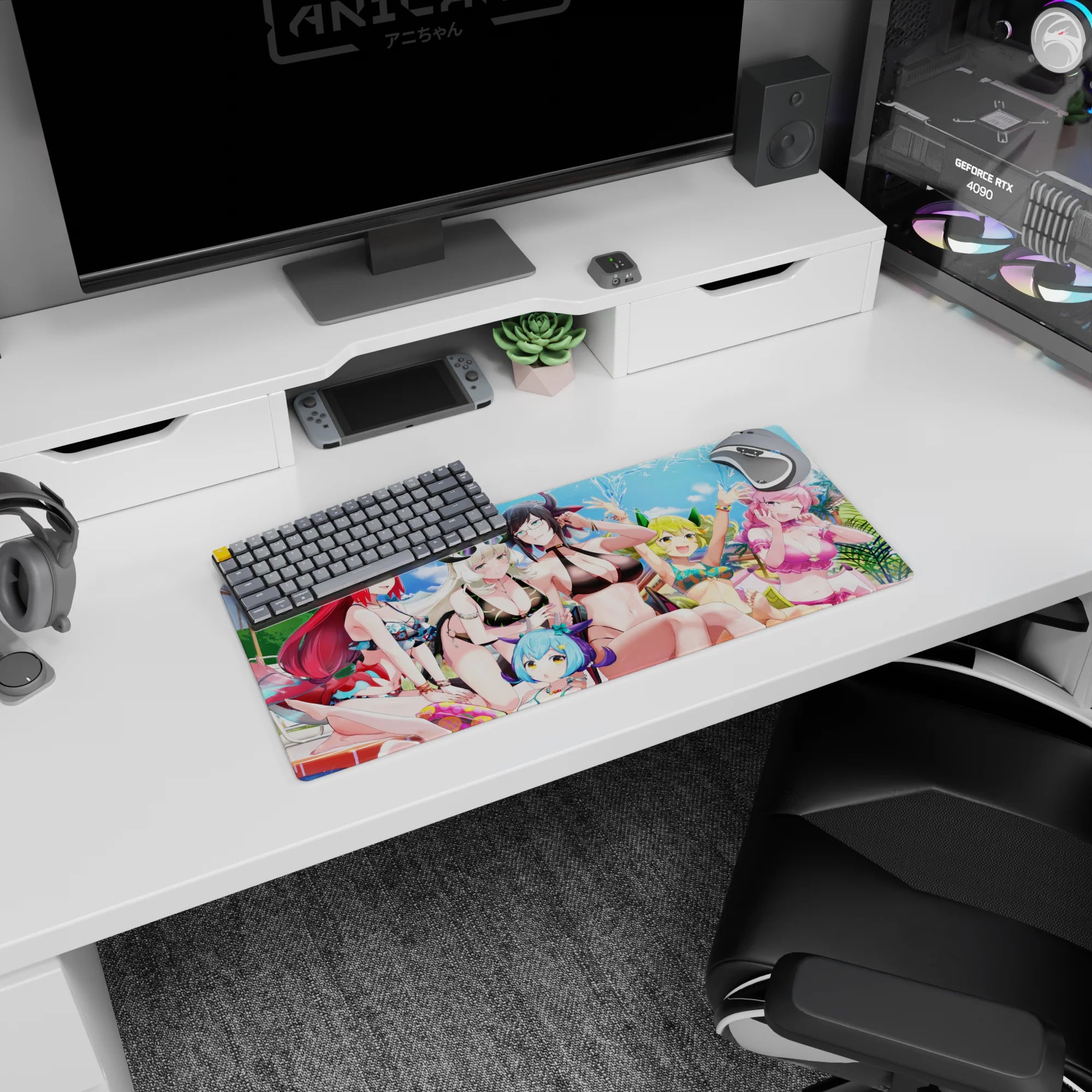 28x12 inches anime mouse pad featuring a confident black-haired girl in black bikini and glasses by the pool.