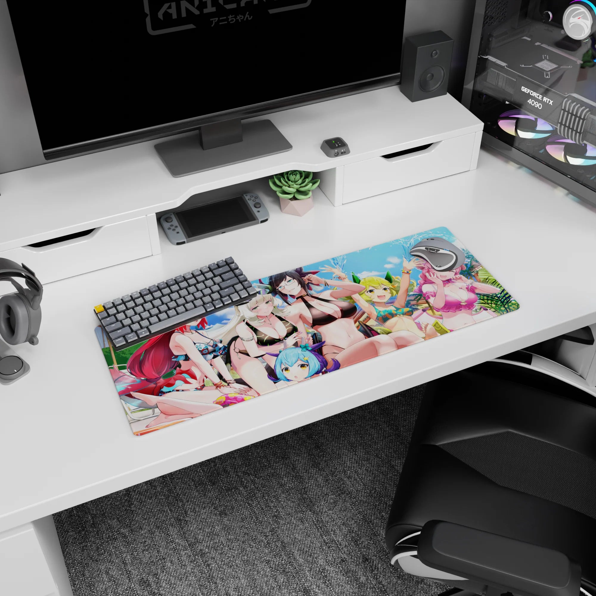 32x12 inches anime mouse pad featuring black-haired girl in black bikini and glasses, friends splashing water.