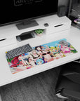 32x12 inches anime mouse pad featuring black-haired girl in black bikini and glasses, friends splashing water.