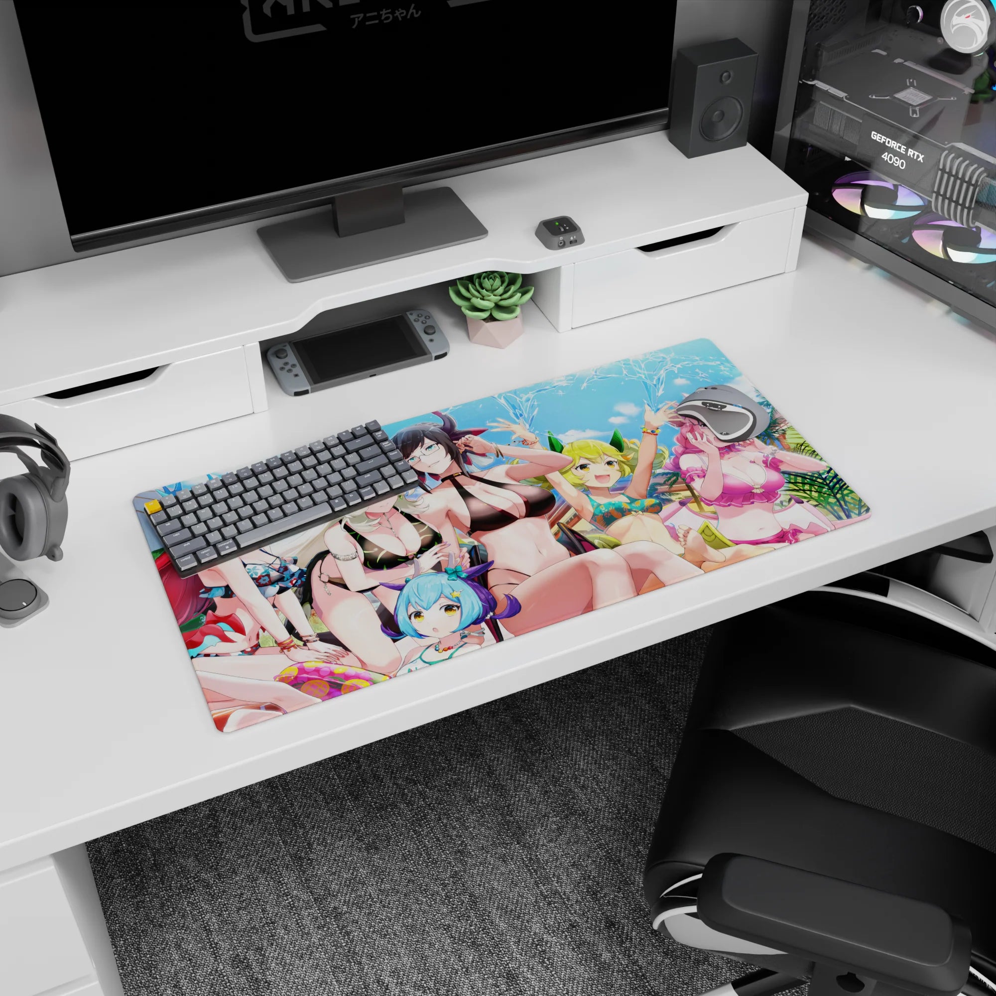 32x16 inches mouse pad featuring black-haired anime girl in black bikini and glasses, water splashing overhead.