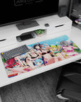 36x16 inches anime desk pad with black-haired girl in black bikini and glasses, water splash selfie scene.