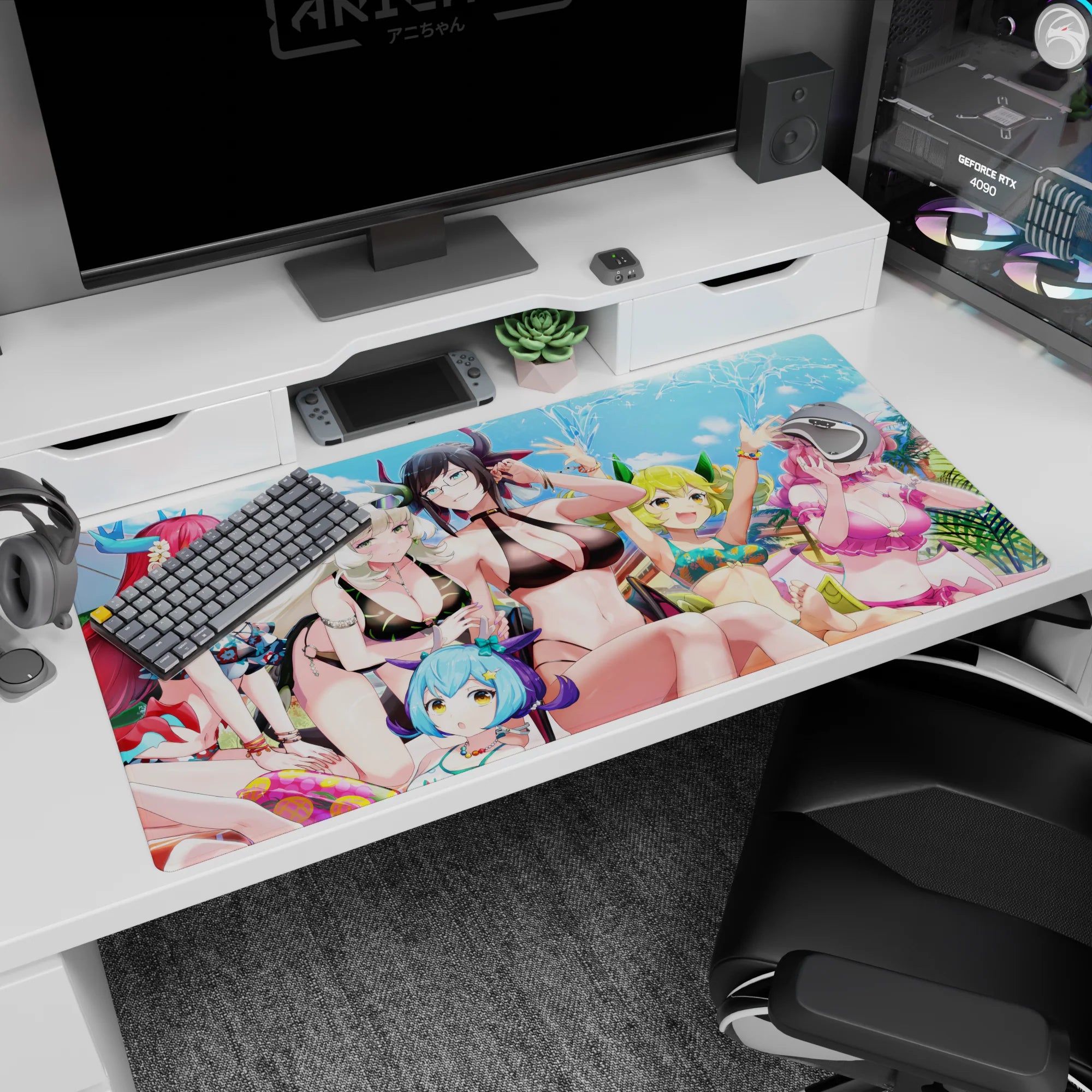 Black-haired anime girl in black bikini and glasses on desk pad 40x20 inches, pool selfie splash scene.