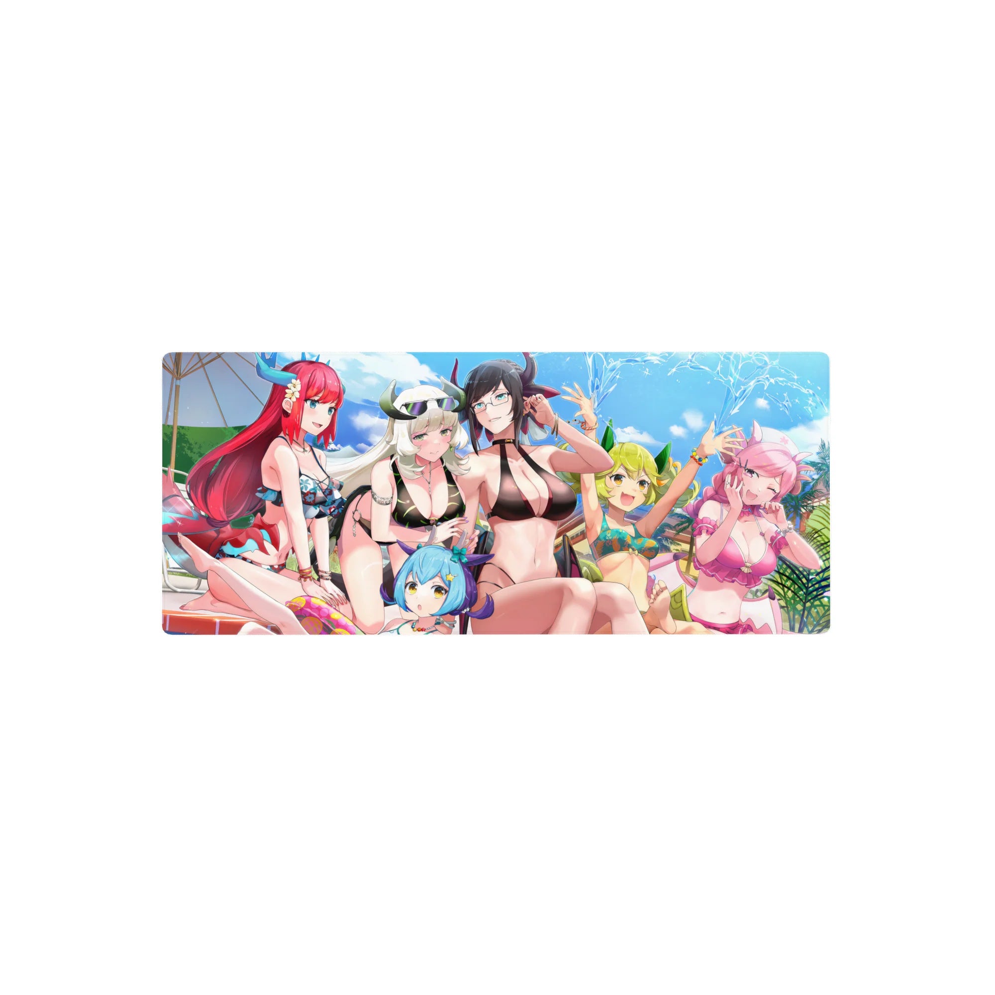 28x12 inches anime girl mouse pad with bikini girls poolside, splash effects, glasses, and bracelets.