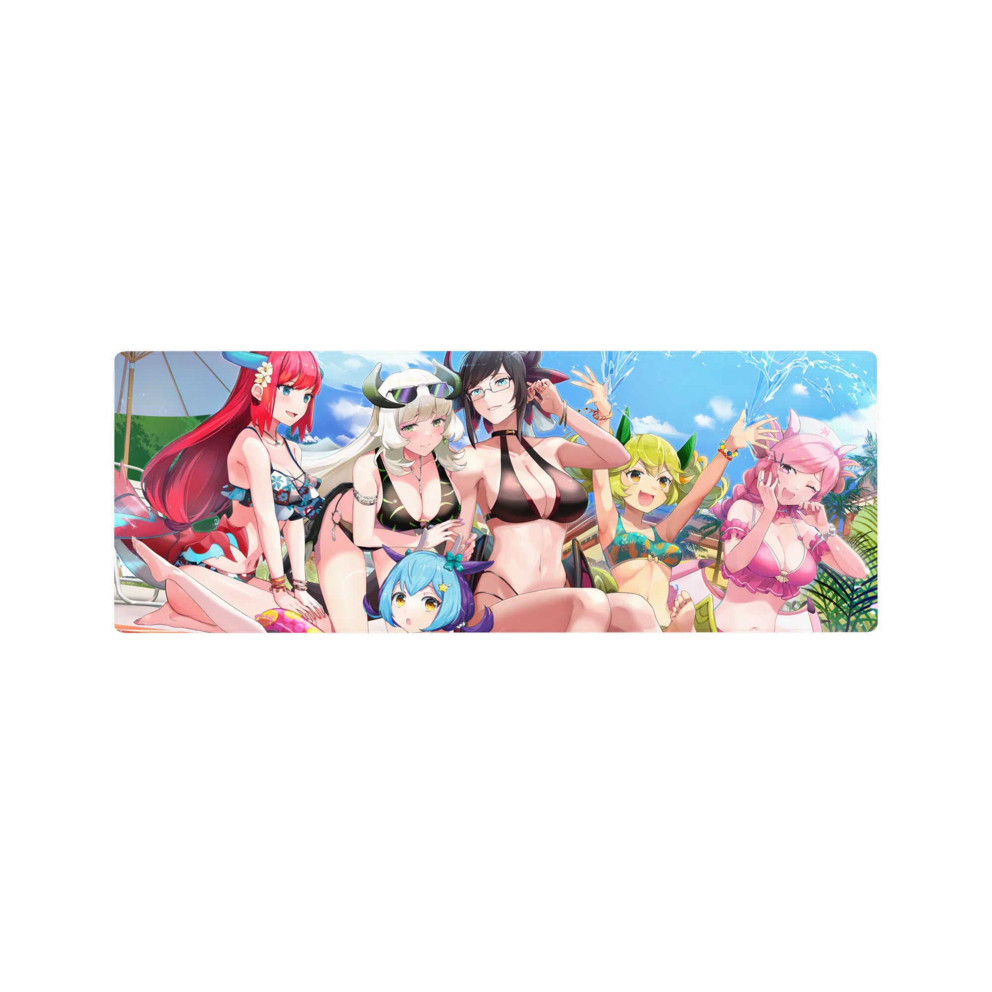 32x12 inches anime girl mouse pad with bikini babes, glasses, horns, and pool water splash selfie vibe.