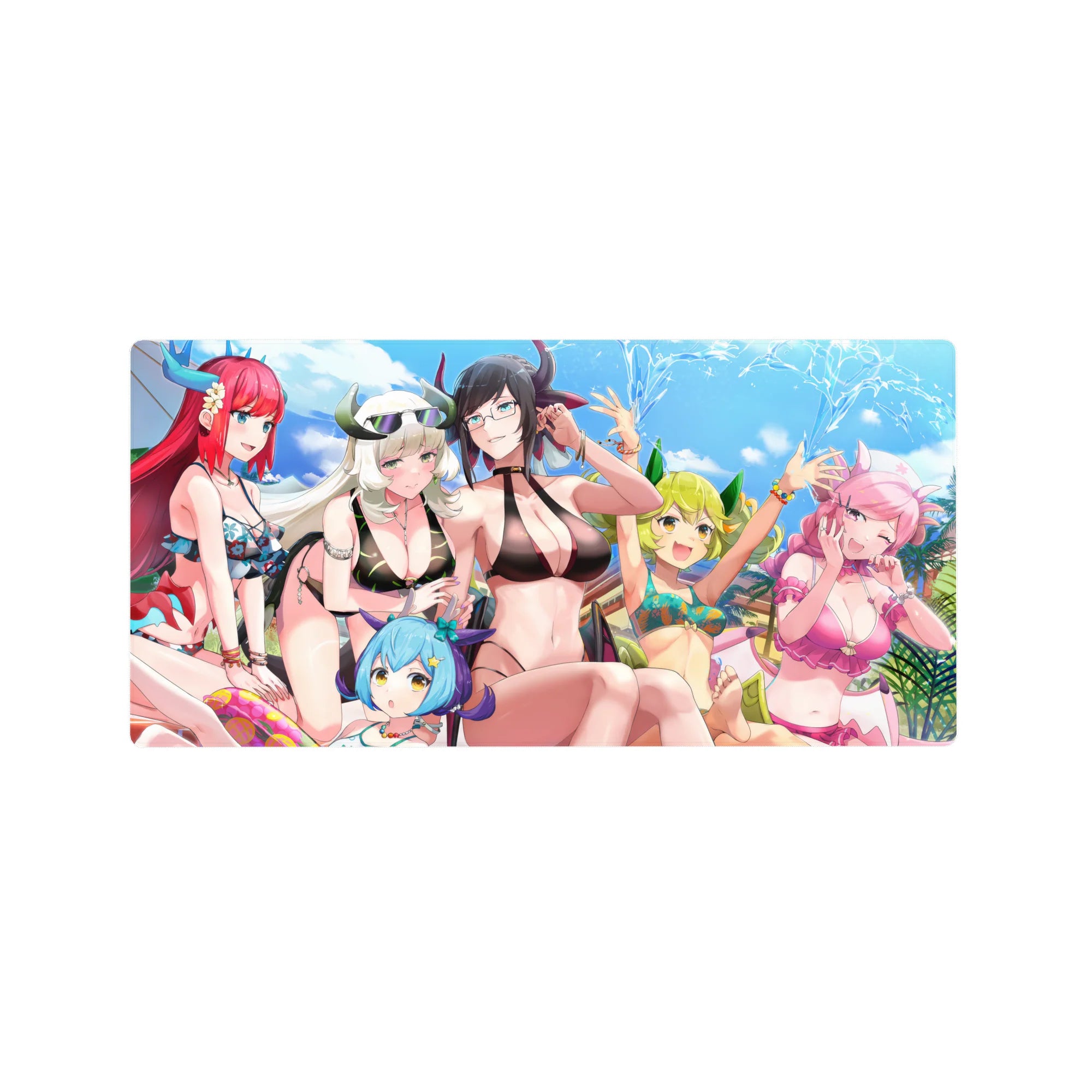 32x16 inches anime girl mouse pad with bikini friends, glasses, splash arcs, and poolside summer vibe.