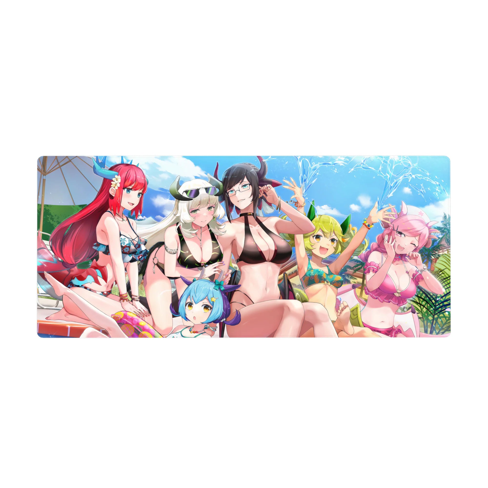 36x16 inches anime girl desk pad with bikini friends, glasses, horns, and splashing poolside summer art.