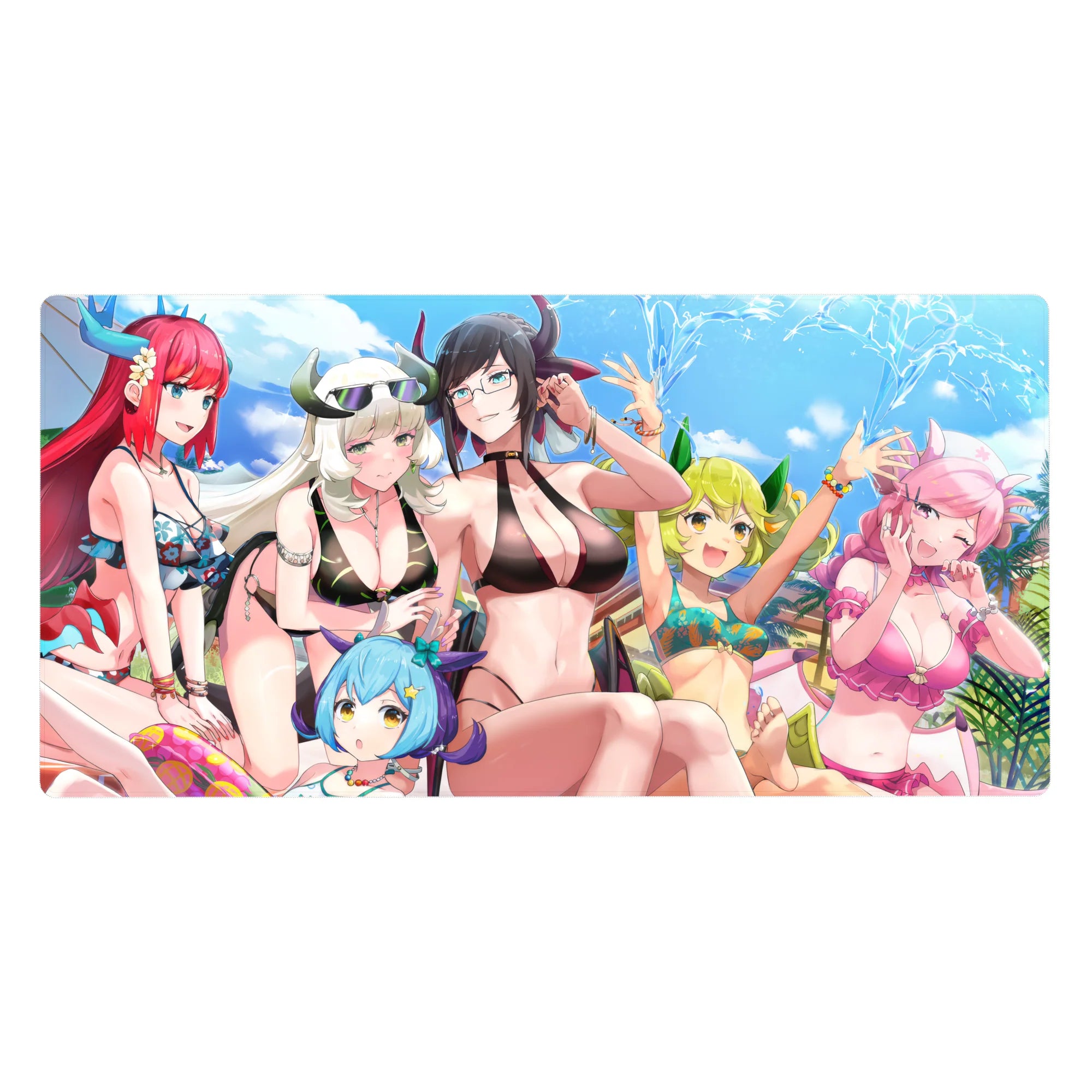 Anime girl desk pad 40x20 inches with poolside bikini group, glasses, horns, and water splash sparkle.