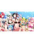 Anime girl desk pad 40x20 inches with poolside bikini group, glasses, horns, and water splash sparkle.