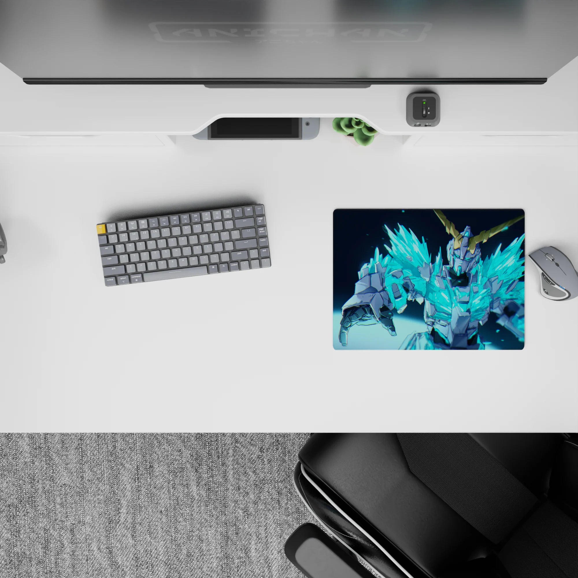 Electric cyan and icy blue shards on dark backdrop, fast powerful vibe anime mouse pad, 14x10 inches.