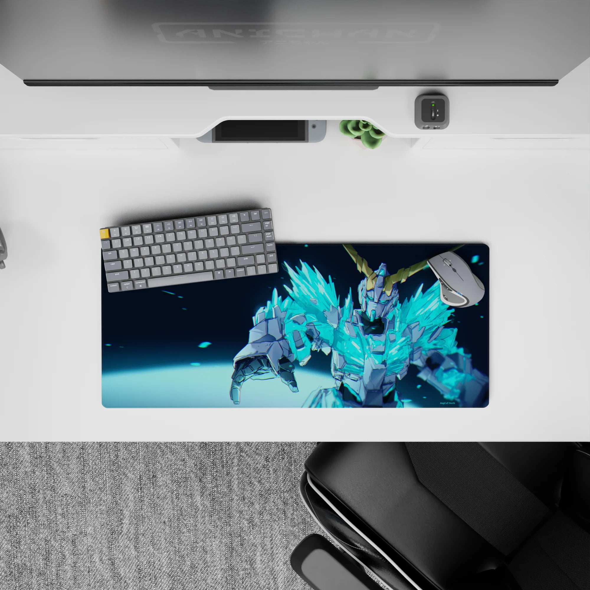 Electric cyan and icy blue anime mouse pad 28x12 inches, neon shards glow for a fast, dangerous vibe.