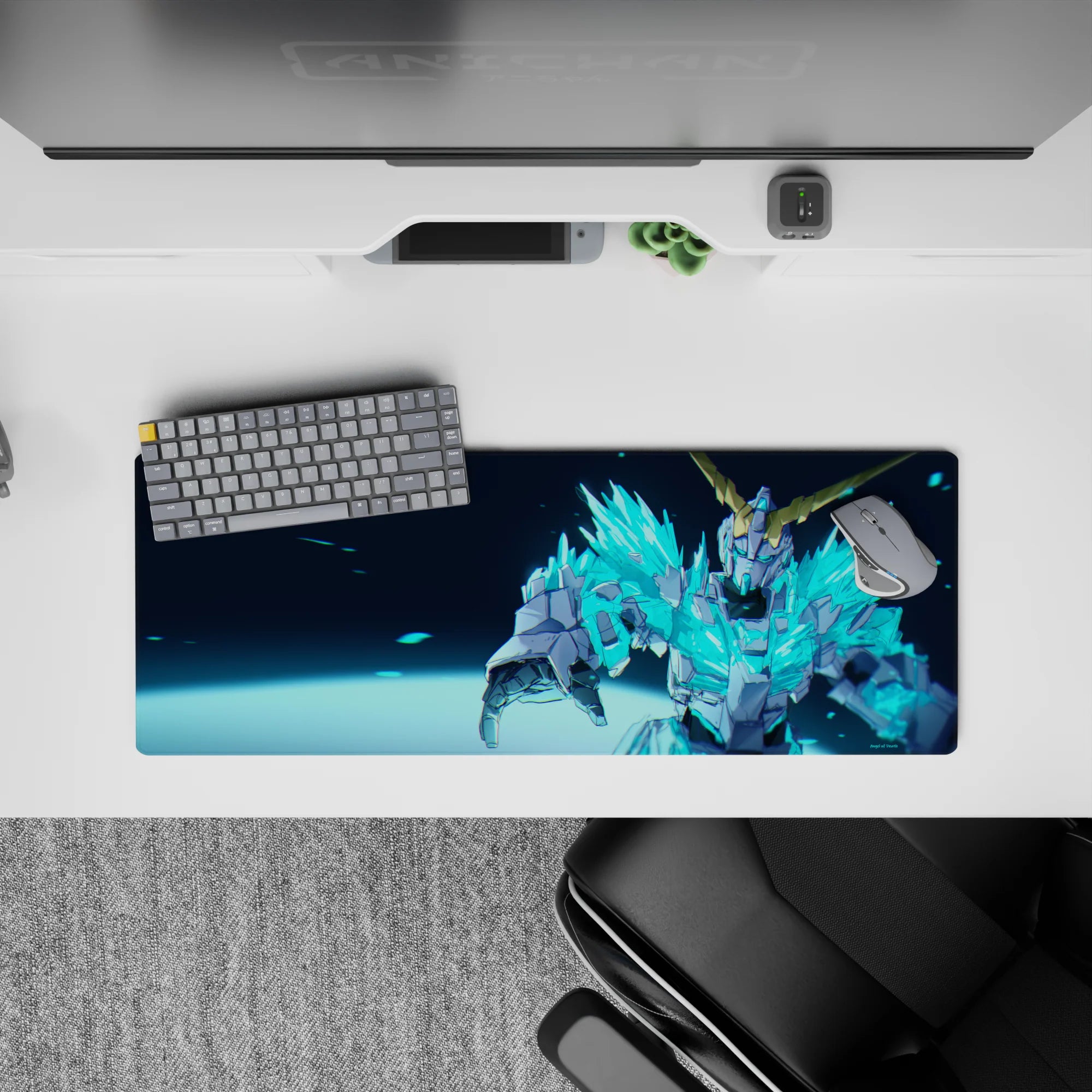 32x12 inches anime mouse pad in neon cyan and icy blues, electric crystal glow, fast and dangerous vibe.