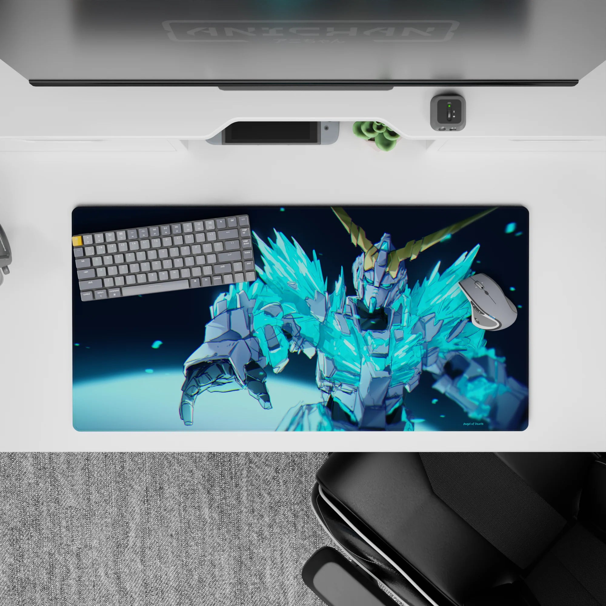 32x16 inches anime mouse pad in neon cyan and icy blue shards, electric fast vibe with glowing crystal pattern.