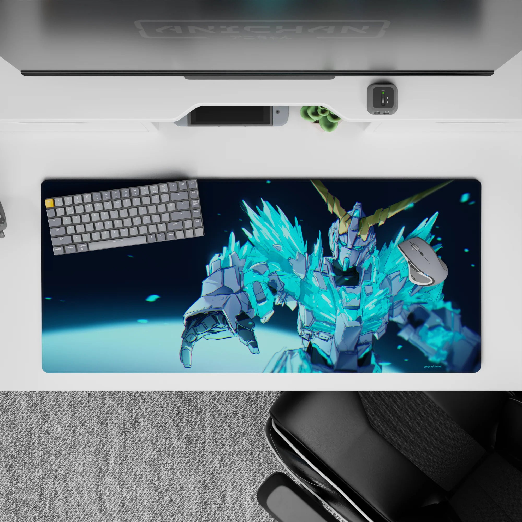 Electric cyan and icy blue anime desk pad 36x16 inches, fast neon shards and dangerous glow vibe.