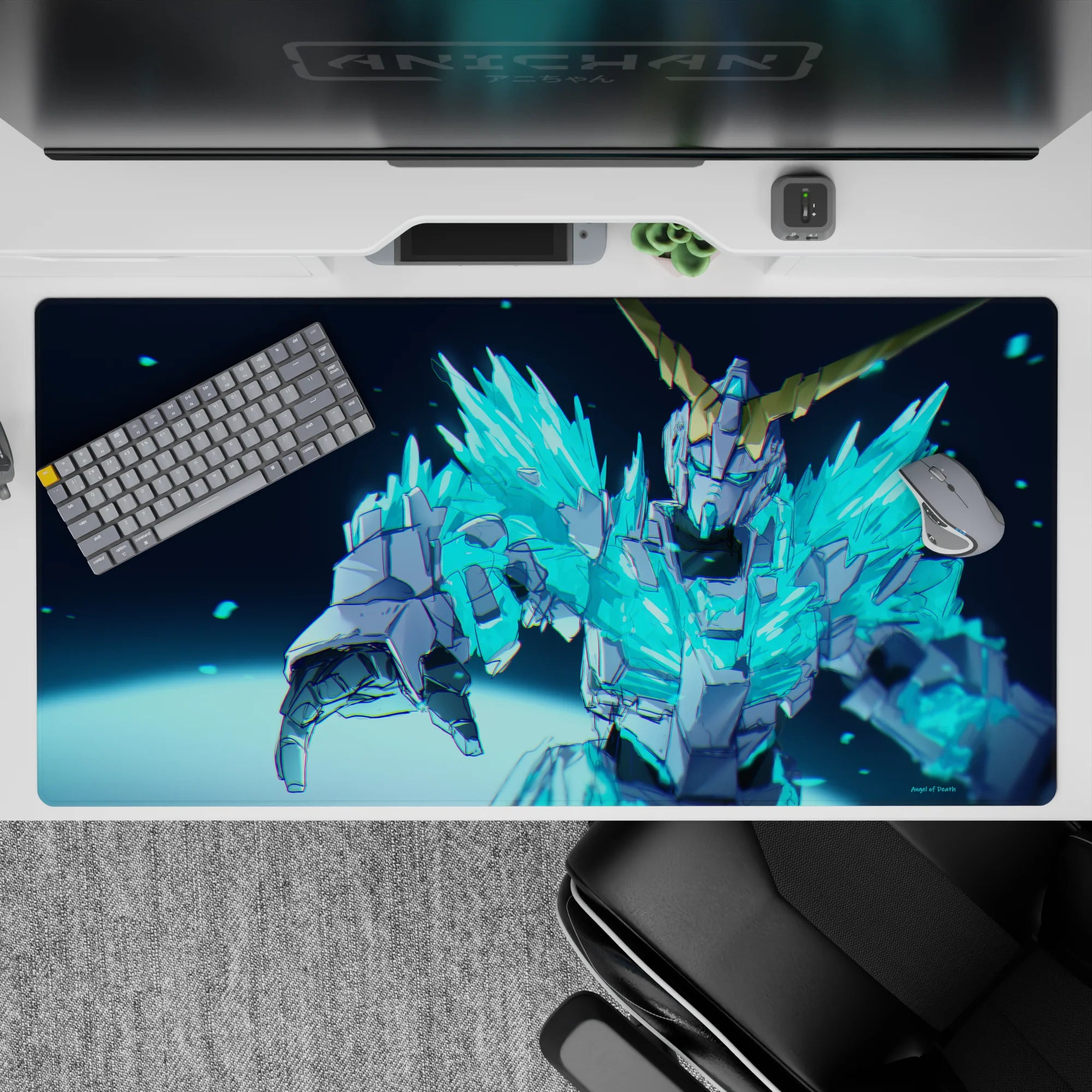 Electric cyan and icy blue anime desk pad 40x20 inches, fast glowing vibe with sharp gold accents.