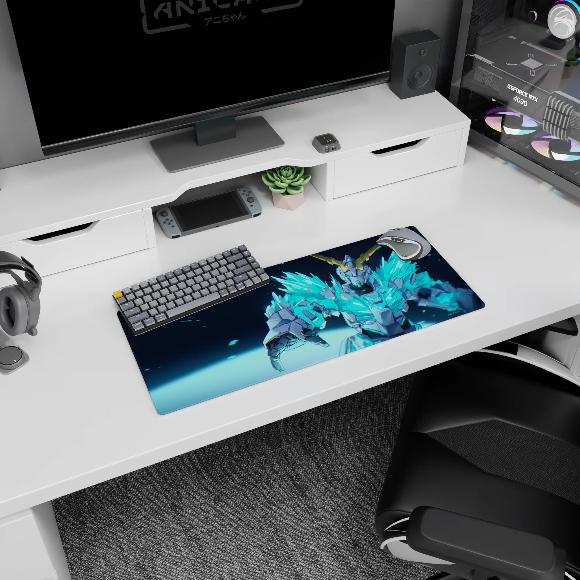 Reaching armored mecha warrior anime mouse pad 28x12 inches, glowing cyan shards and gold horned helm.