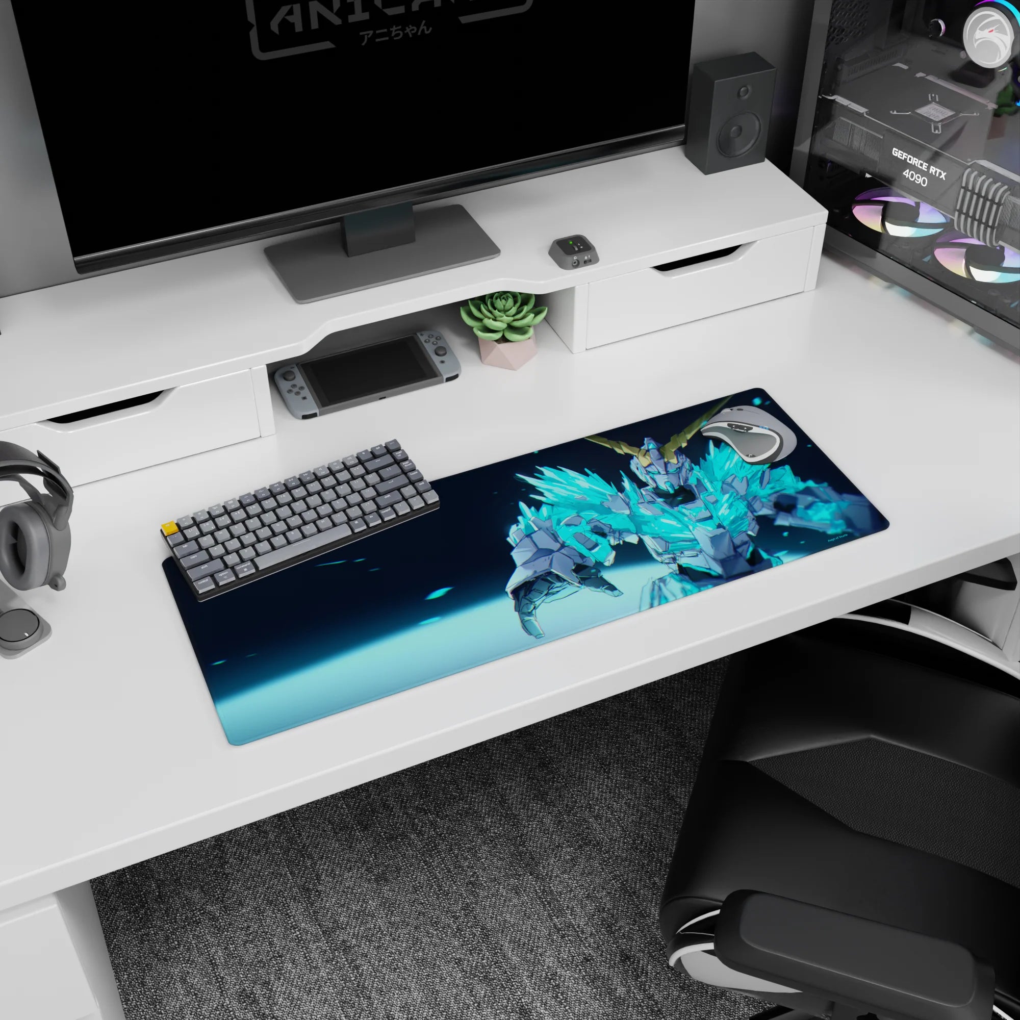 32x12 inches anime mouse pad showing a horned mecha hero reaching forward amid glowing cyan shards.