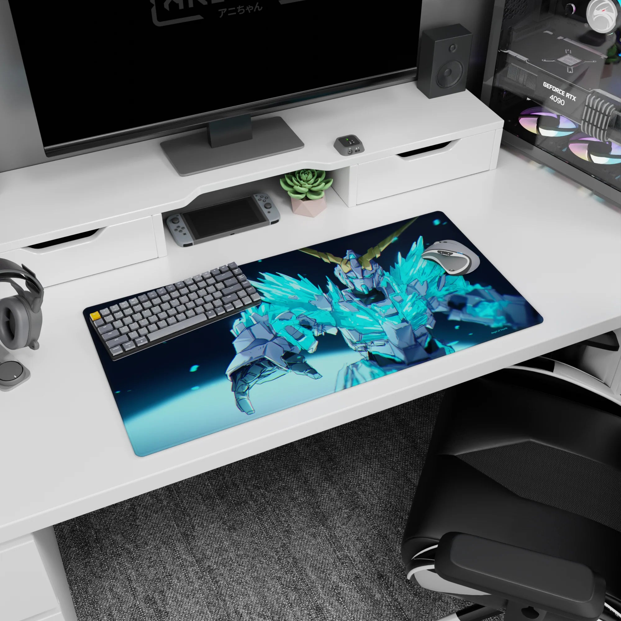 32x16 inches anime mouse pad showing a horned mecha hero reaching out, blue crystal armor bursting on black.