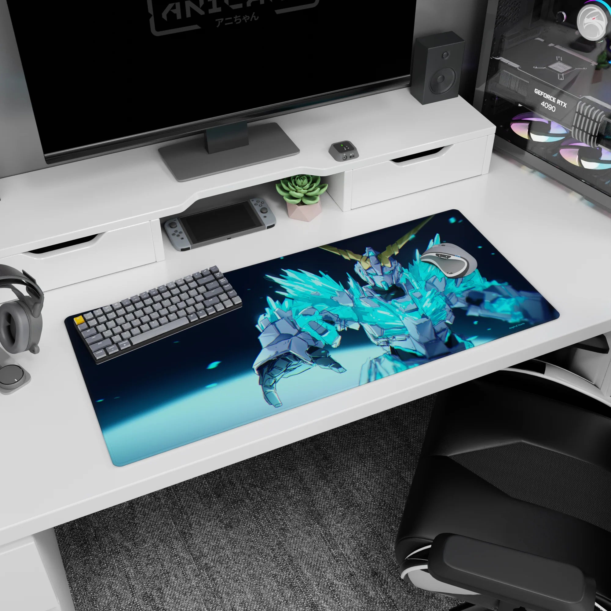 Mecha anime hero reaching out from a dark backdrop on desk pad 36x16 inches, gold horns and neon.