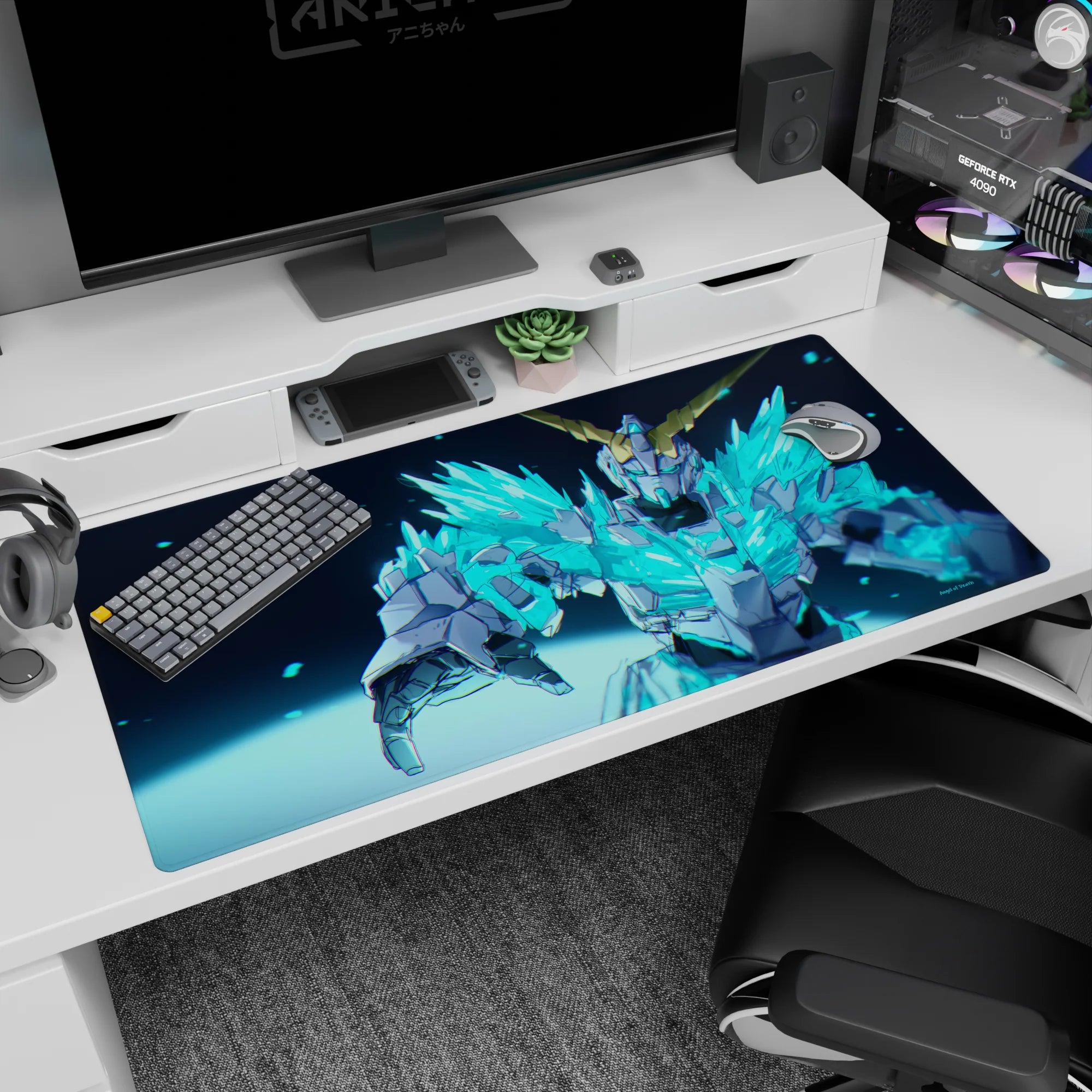 Mecha anime hero reaching out on a 40x20 inches desk pad, neon shards bursting across armored suit.