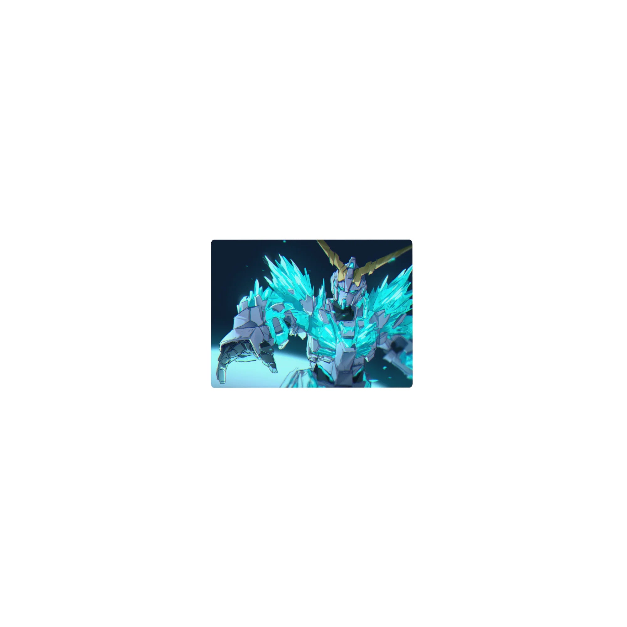 Classic anime mecha hero mouse pad, neon crystal armor and gold horns, 14x10 inches.
