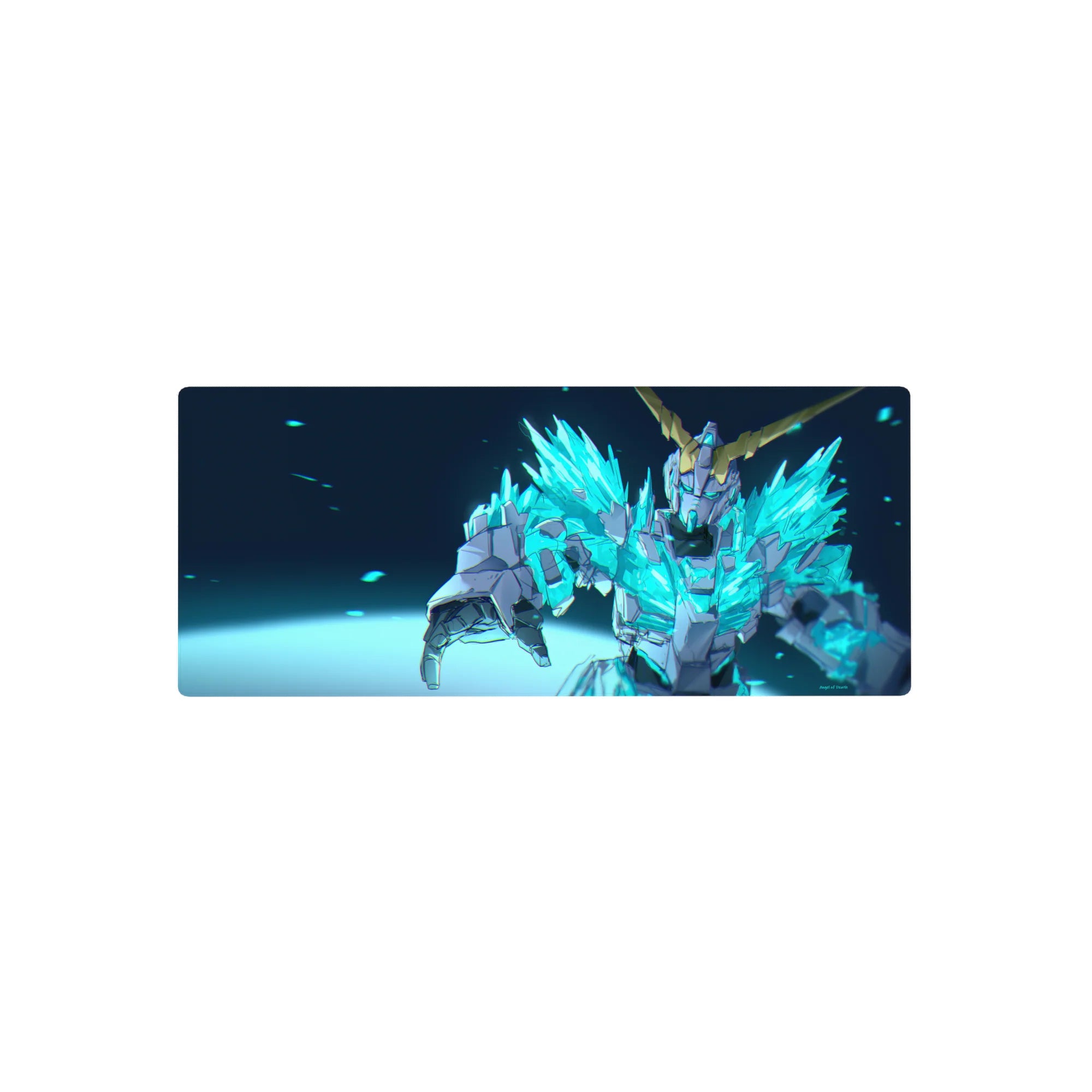 Mecha hero anime mouse pad 28x12 inches with neon crystal armor and gold horns on dark background.