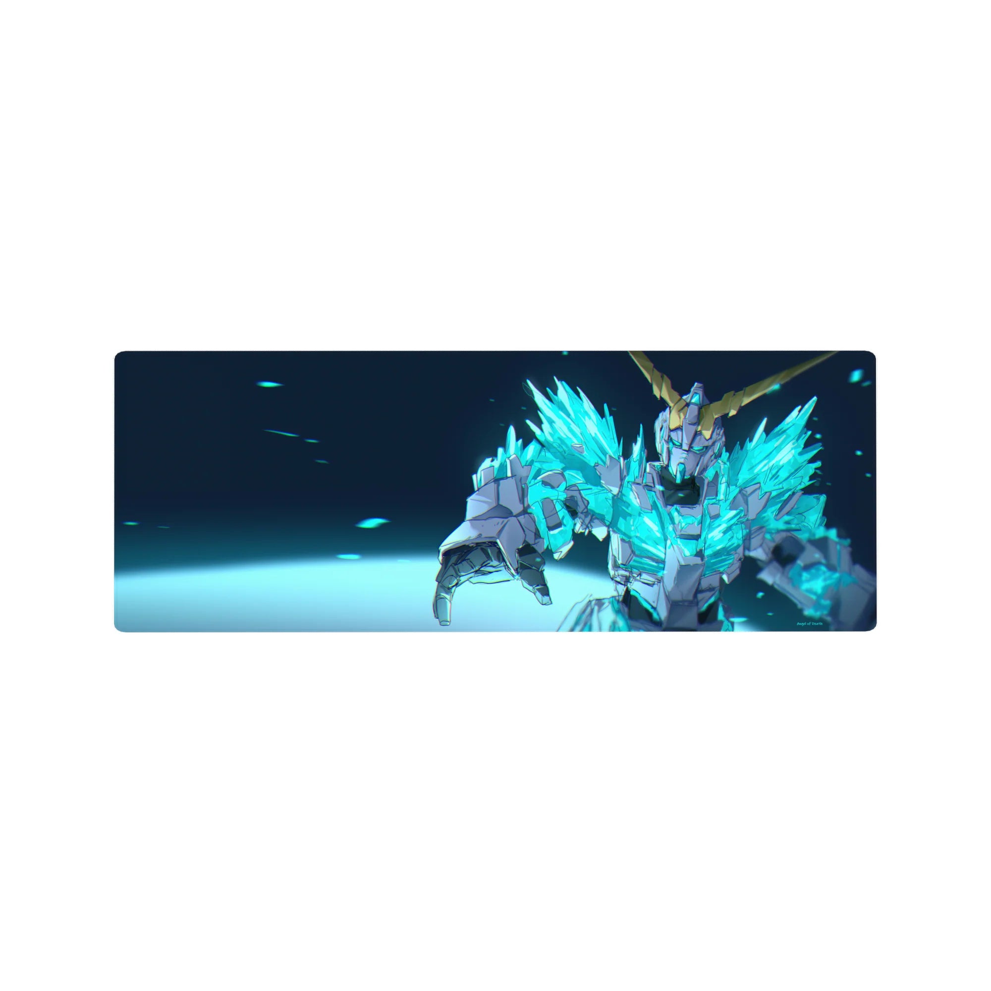 32x12 inches anime mouse pad with mecha hero armor, neon shards, and gold horns on a dark backdrop.