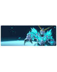32x12 inches anime mouse pad with mecha hero armor, neon shards, and gold horns on a dark backdrop.