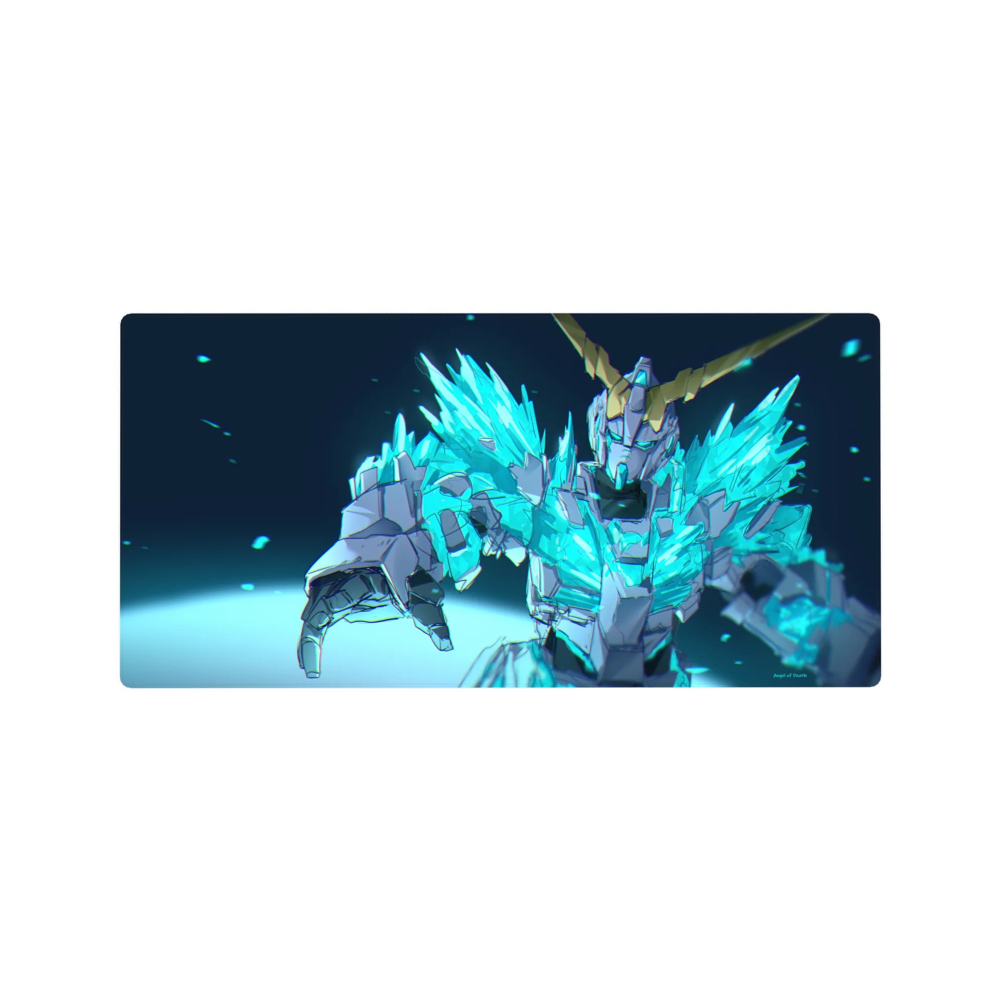 32x16 inches anime mouse pad with neon crystal mecha hero armor, sharp gold horns on dark backdrop.