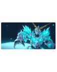32x16 inches anime mouse pad with neon crystal mecha hero armor, sharp gold horns on dark backdrop.