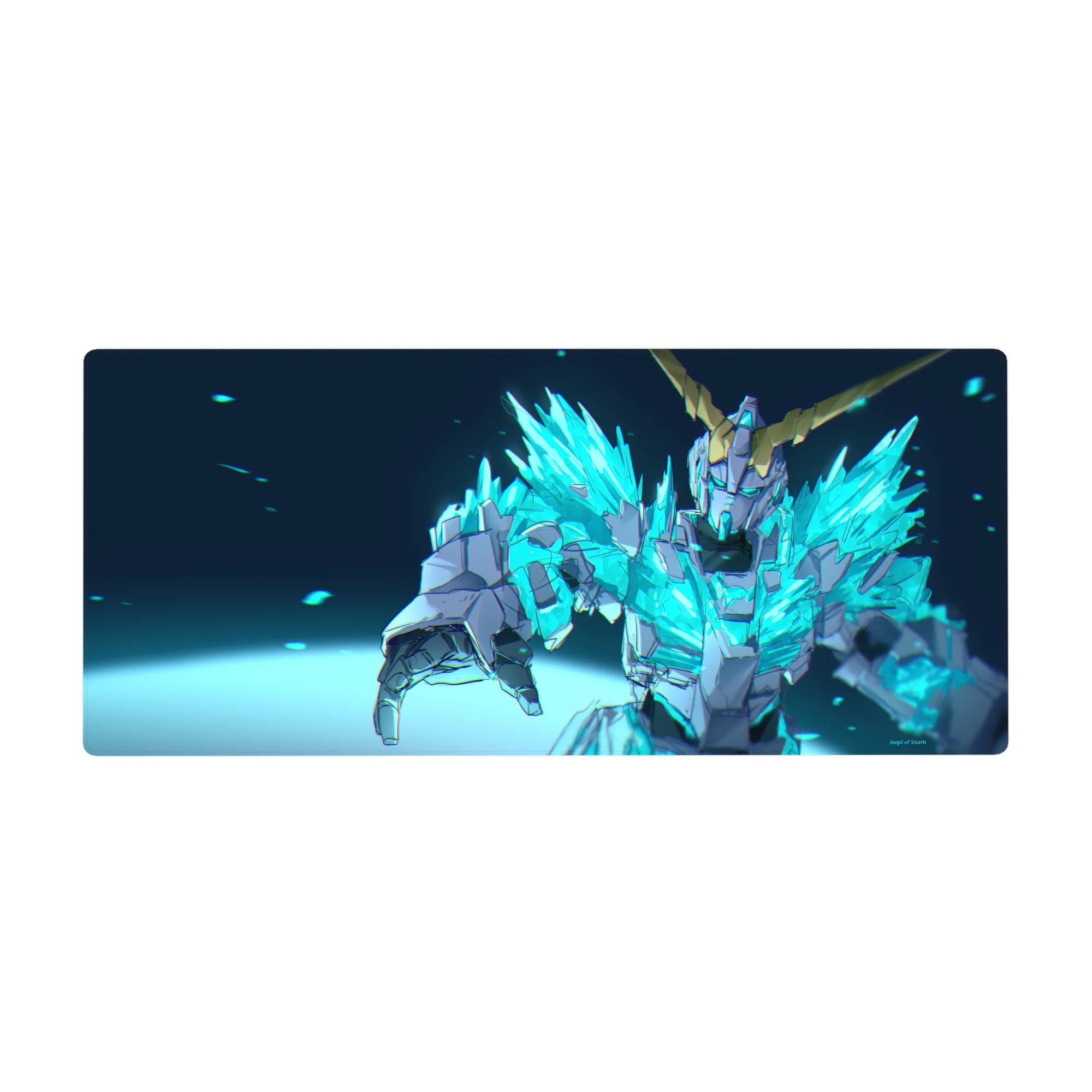 Anime desk pad 36x16 inches with neon crystal mecha hero armor and sharp gold horns on dark.
