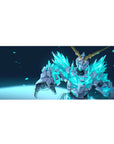 Anime desk pad 36x16 inches with neon crystal mecha hero armor and sharp gold horns on dark.