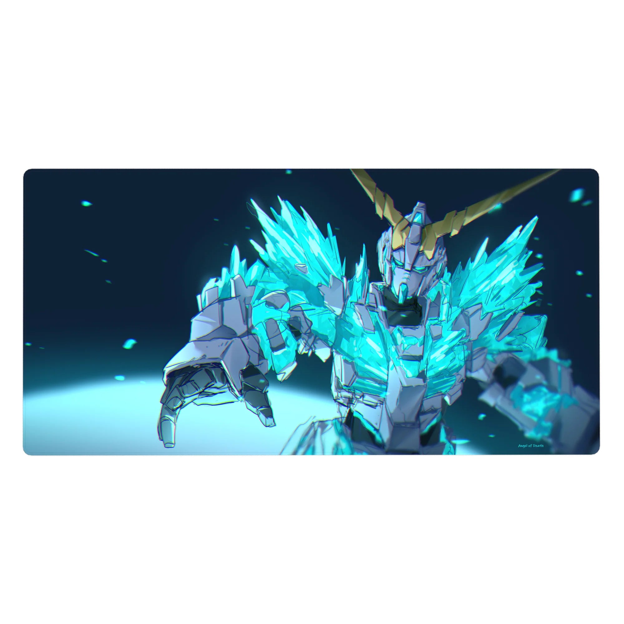 Anime desk pad 40x20 inches with neon crystal mecha hero armor and gold horns on dark background.