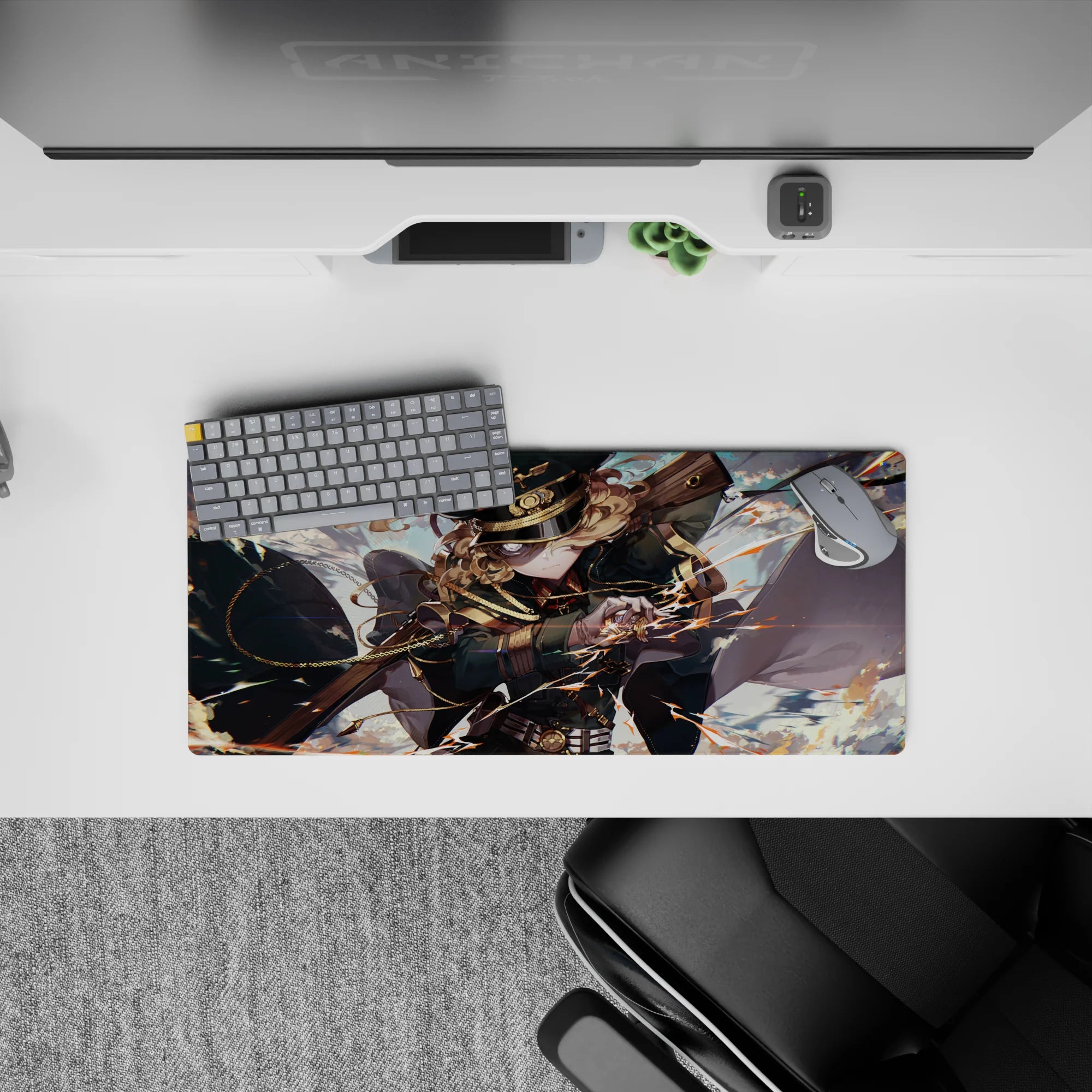 28x12 inches anime girl mouse pad in dark teal and gold, bright sky backdrop with orange lightning sparks.