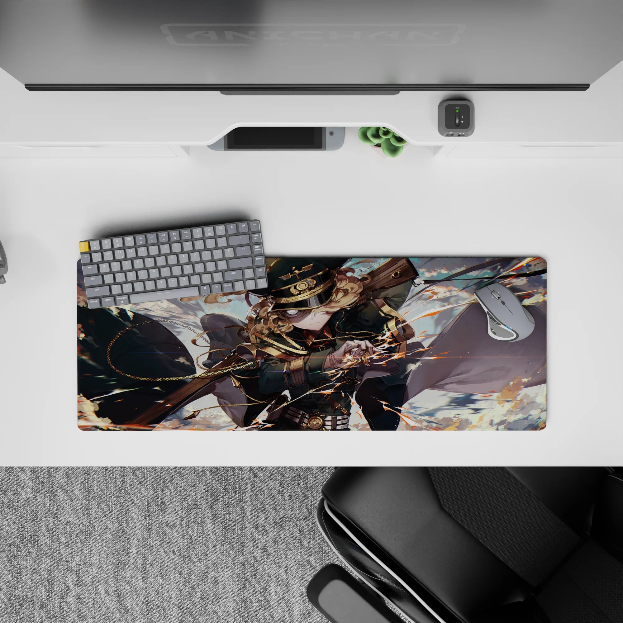 32x12 inches anime desk mat in dark teal and gold with bright sky and orange lightning sparks, high-energy vibe.