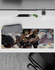32x12 inches anime desk mat in dark teal and gold with bright sky and orange lightning sparks, high-energy vibe.