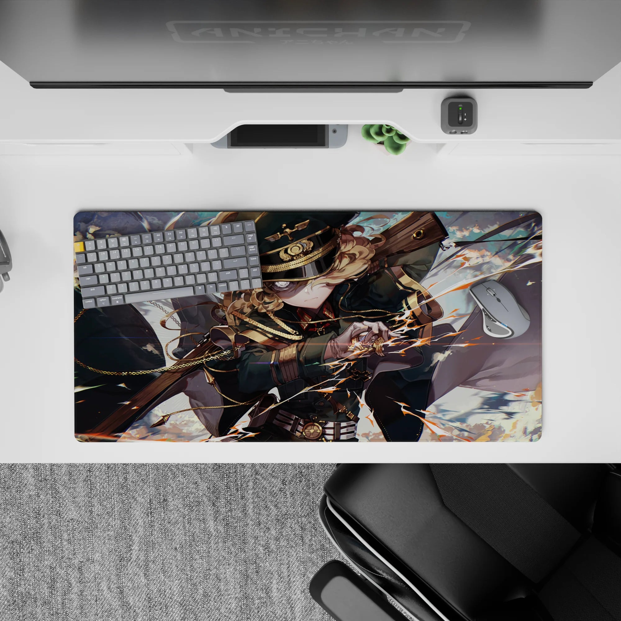 Anime girl mouse pad 32x16 inches in dark teal and gold with bright sky and orange spark lightning.