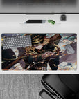 Anime girl mouse pad 32x16 inches in dark teal and gold with bright sky and orange spark lightning.