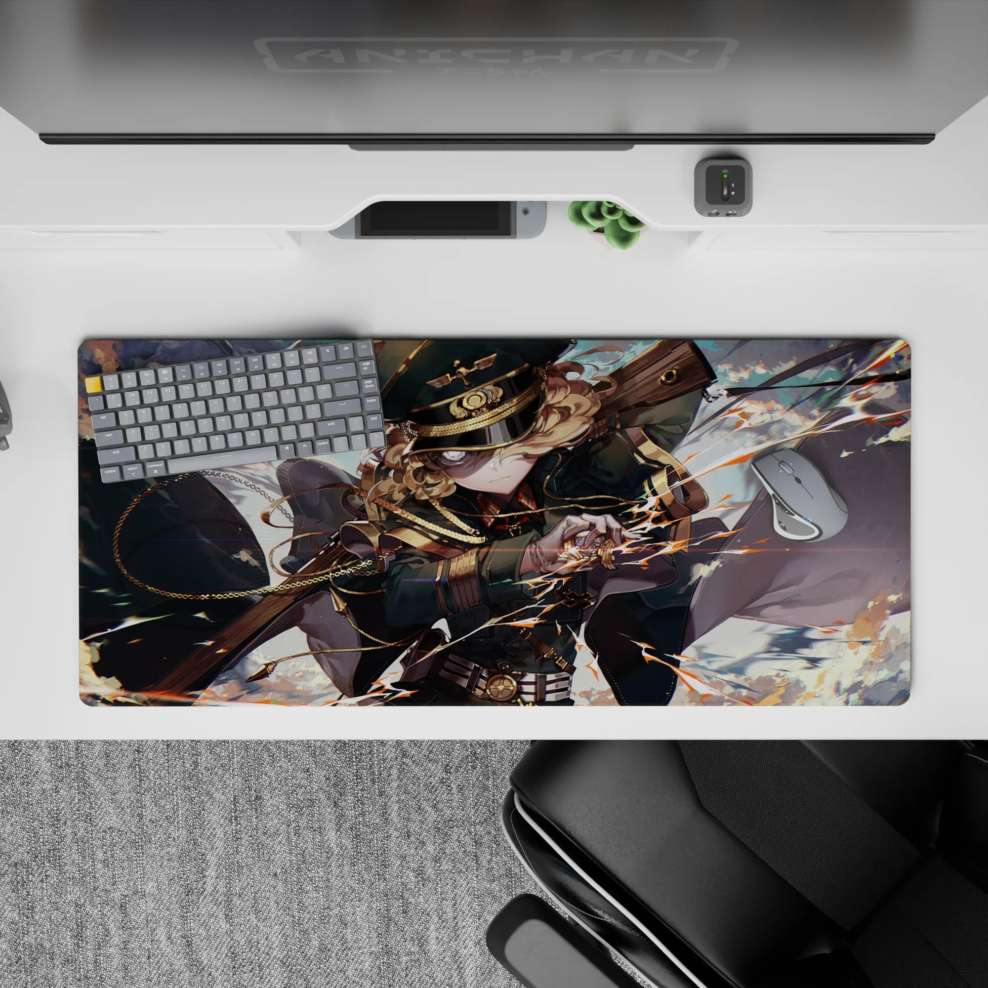 36x16 inches anime desk pad in dark teal and gold with bright sky, orange lightning sparks, high-speed vibe.
