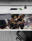 36x16 inches anime desk pad in dark teal and gold with bright sky, orange lightning sparks, high-speed vibe.