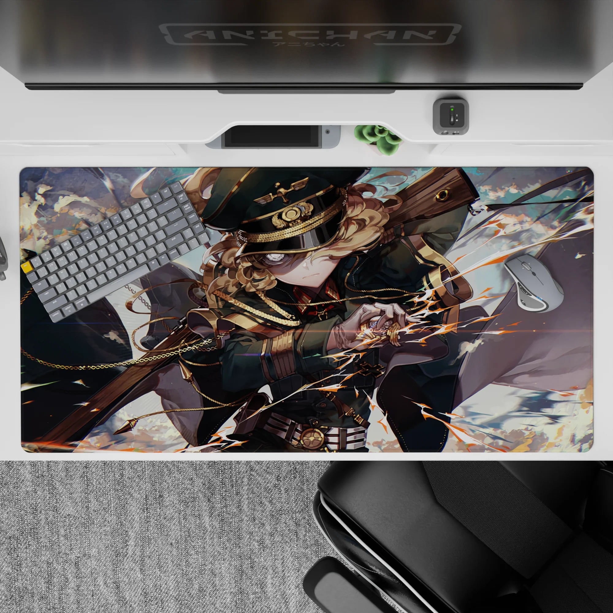 40x20 inches desk pad in dark teal and gold with bright sky, orange lightning sparks, high-speed vibe.