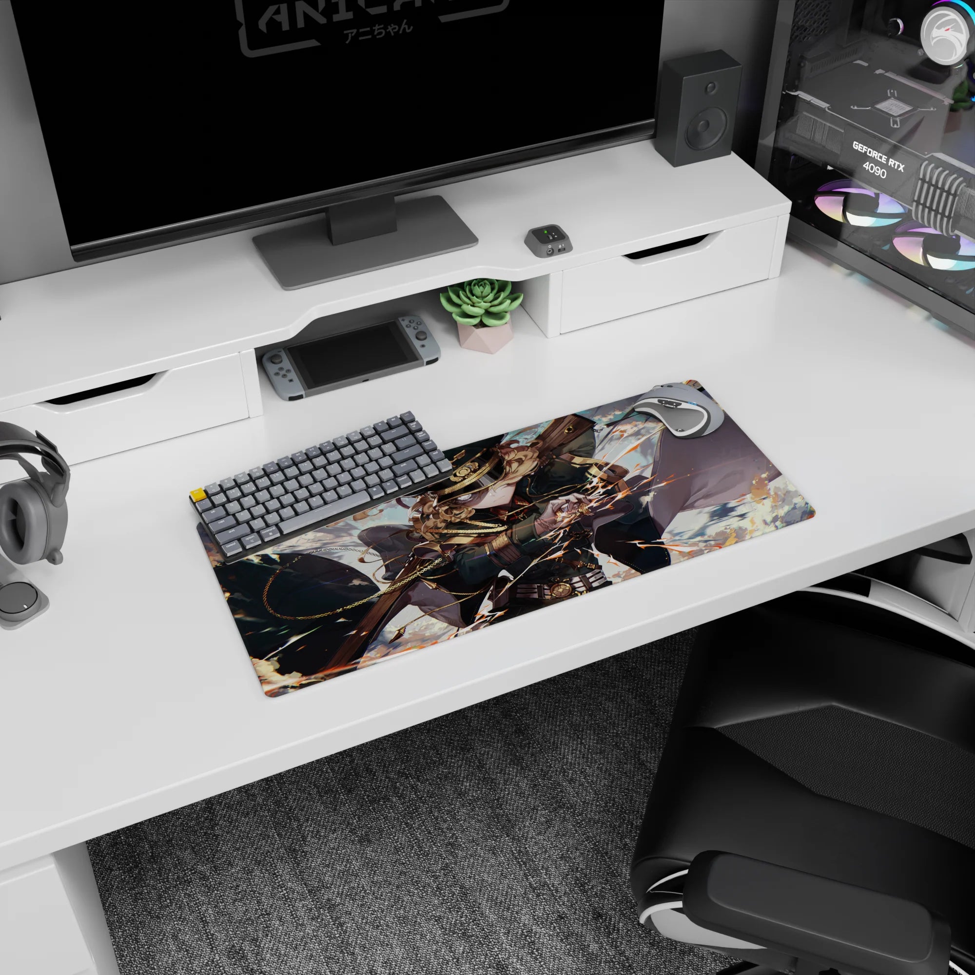 28x12 inches anime girl mouse pad featuring fierce officer girl mid-strike, curls flying, rifle angled wide.